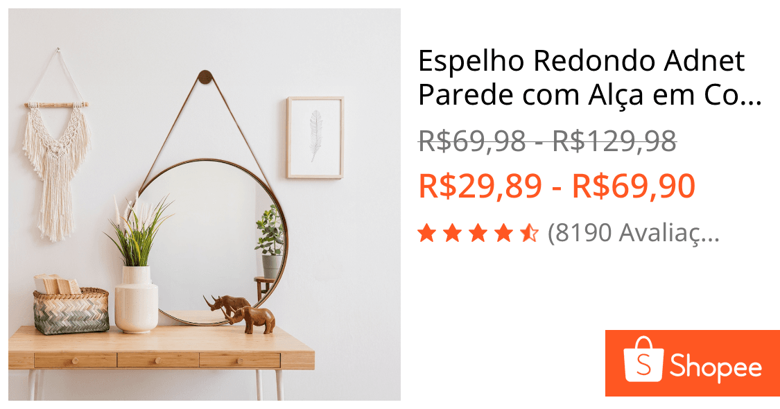 Espelho Redondo Adnet Parede com Alça em Couro Decorativo para Banheiro Lavabo 60cm com Pino Suporte