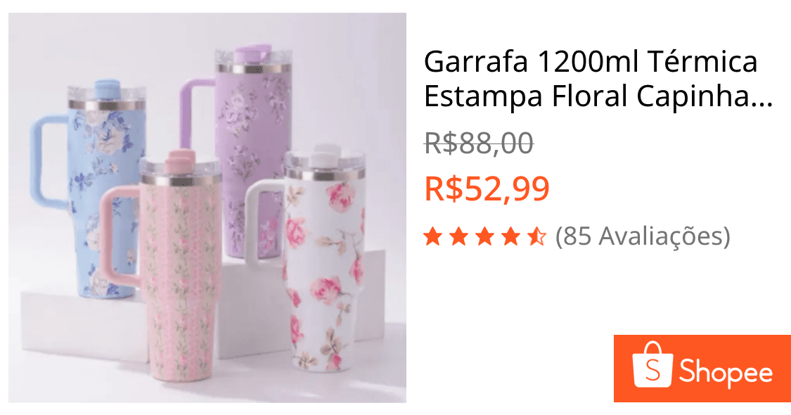 Garrafa 1200ml Térmica Estampa Floral Capinha Silicone Na Base + Tampa Para Canudo