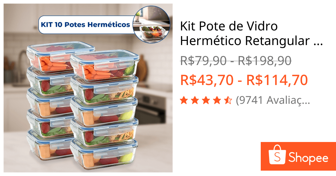 Kit Pote de Vidro Hermético Retangular 10 / 5 Unid Travas Marmita Fit Microondas Mantimentos